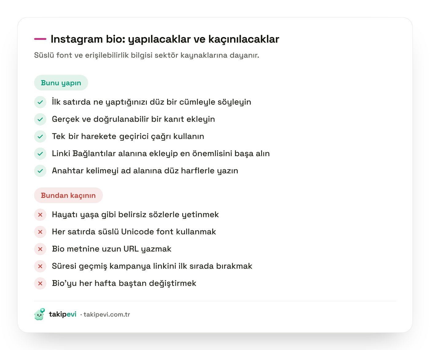 Instagram bio yazarken yapılması ve kaçınılması gerekenleri karşılaştıran kontrol listesi