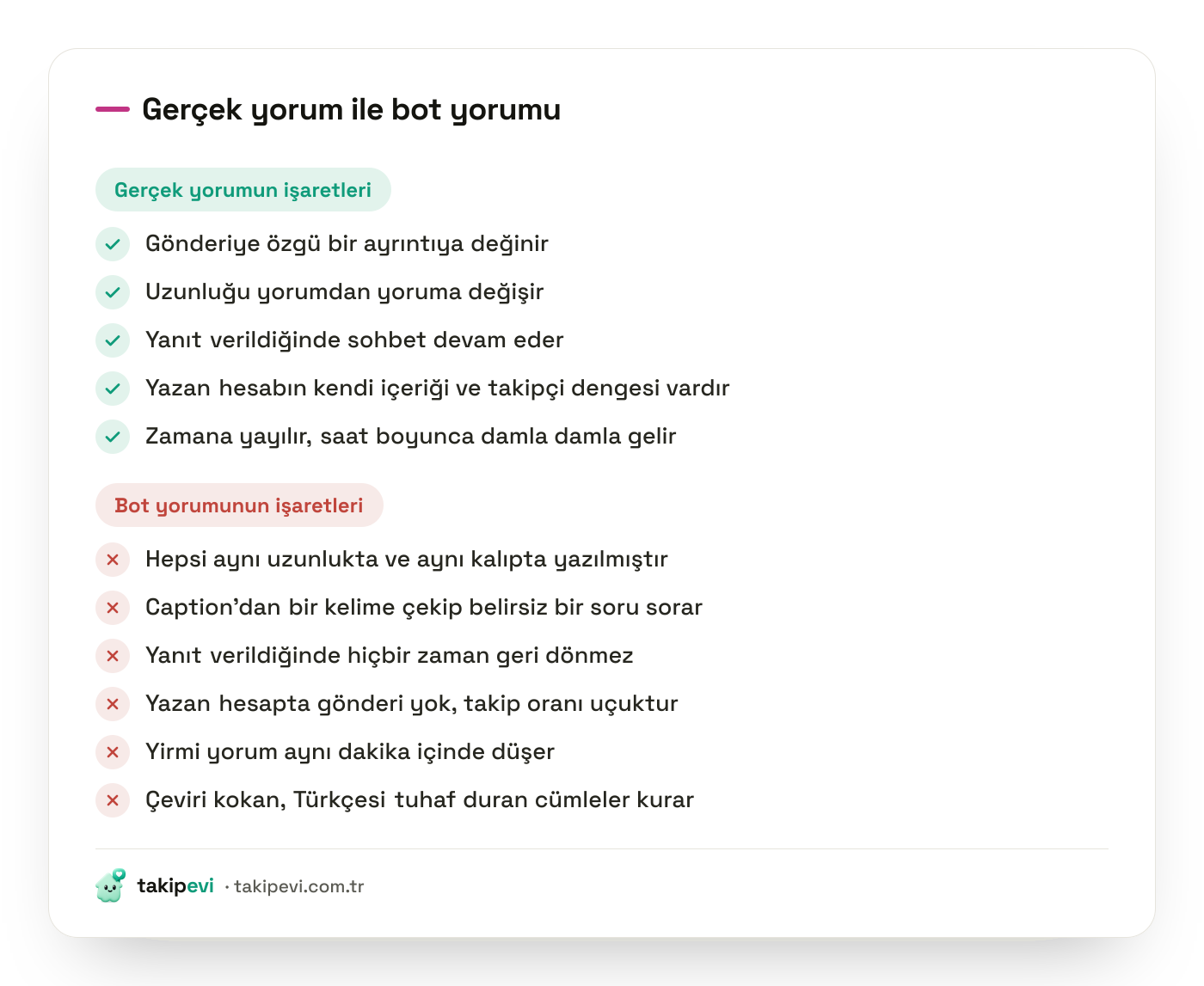Instagram'da gerçek kullanıcı yorumu ile bot yorumunu ayırt etmeye yarayan işaretlerin listesi
