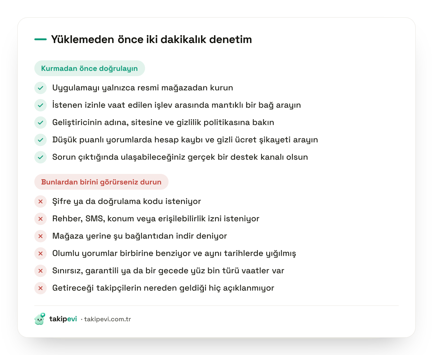 Takipçi uygulaması yüklemeden önce yapılacak kontroller ve kurulumu hemen durdurması gereken tehlike işaretleri
