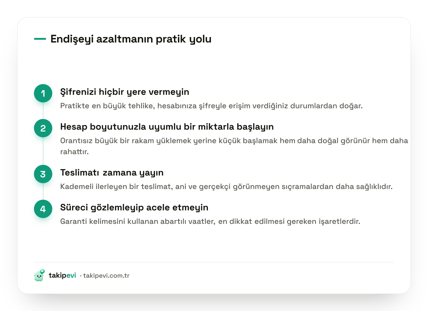 Takipçi hizmeti kullanırken riski azaltmak için şifre paylaşmama, küçük başlama ve süreci gözlemleme adımları