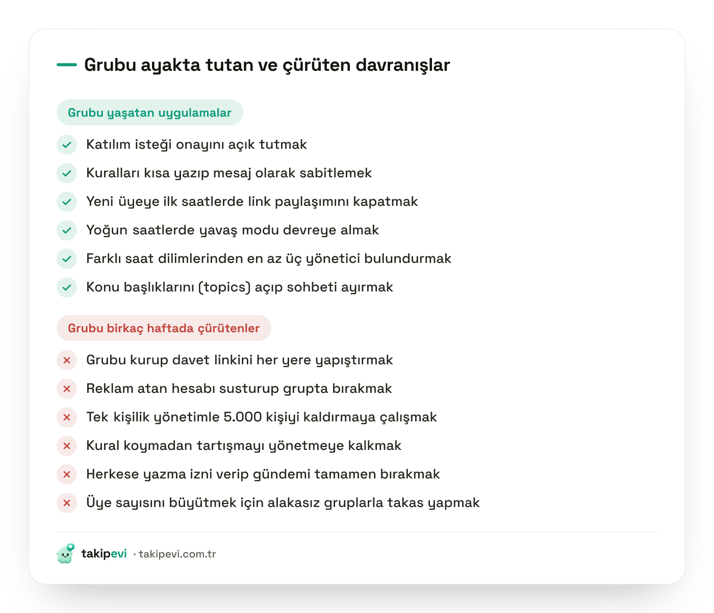 Telegram grup moderasyonu kontrol listesi: katılım onayı, yavaş mod, sabitlenmiş kurallar ve yönetici ekibi ile yapılmaması gerekenler