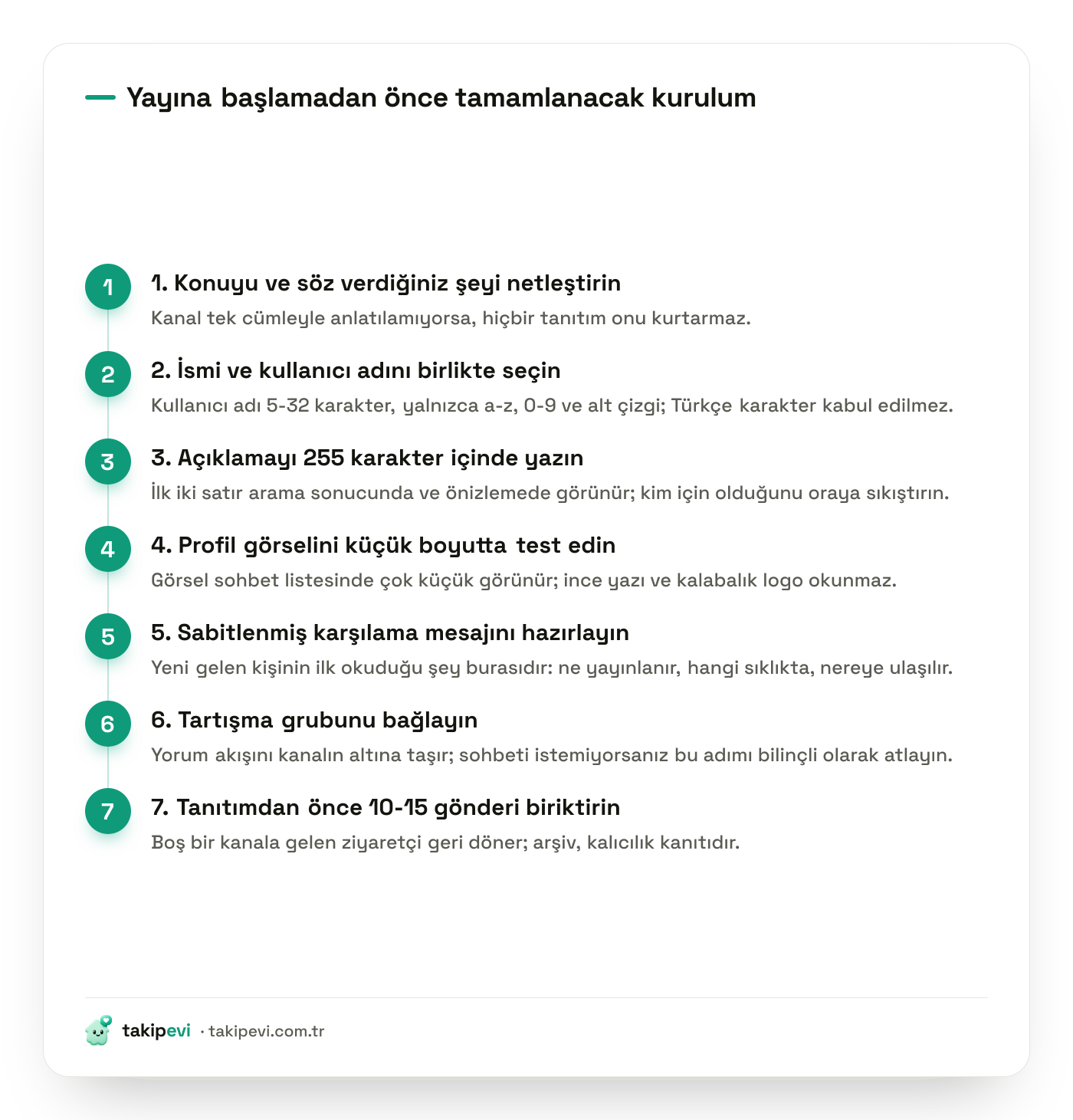 Telegram kanalı kurulum adımları: isim, kullanıcı adı, açıklama, profil görseli, sabitlenmiş mesaj, tartışma grubu ve ilk gönderiler