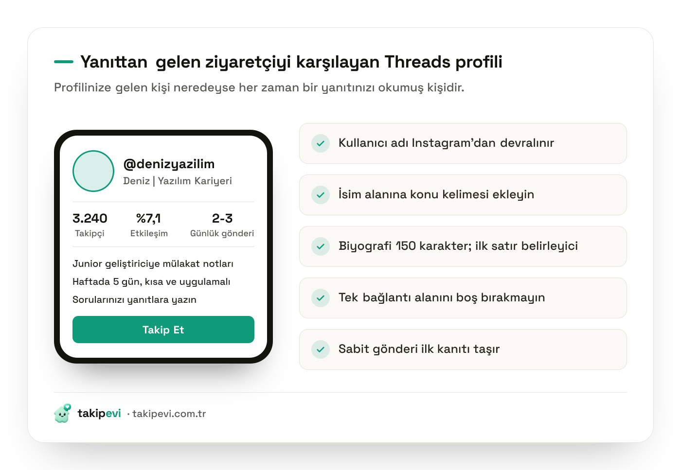 Threads profil kurulumu örneği: konu kelimesi taşıyan isim, 150 karakterlik biyografi, tek bağlantı alanı ve sabitlenmiş gönderi