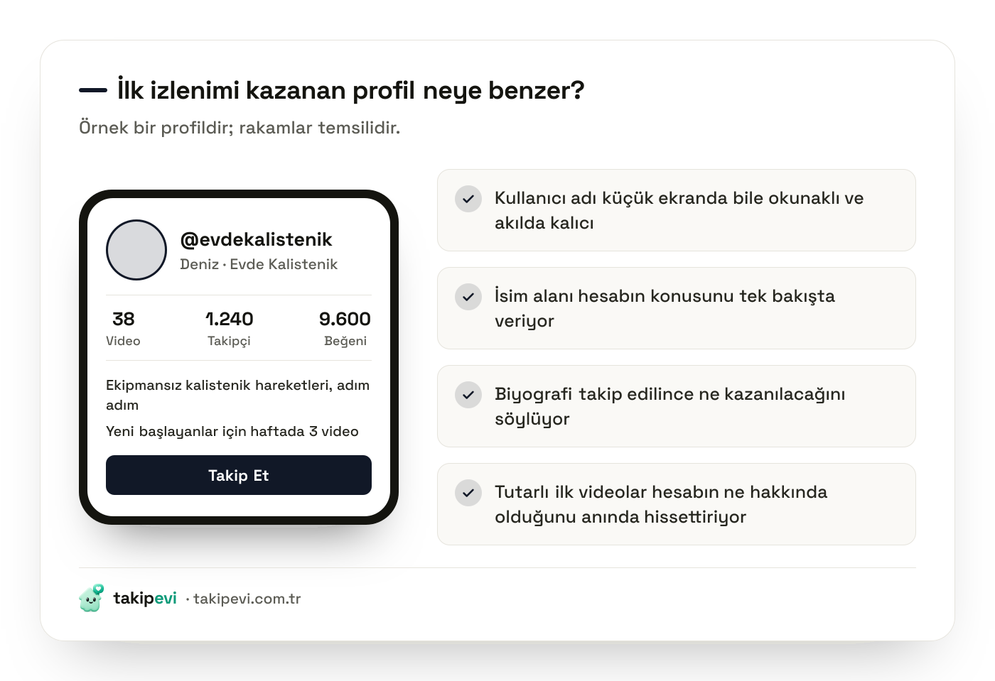 Yeni bir TikTok hesabının örnek profili: okunaklı kullanıcı adı, konusunu söyleyen isim alanı, net biyografi ve tutarlı ilk videolar