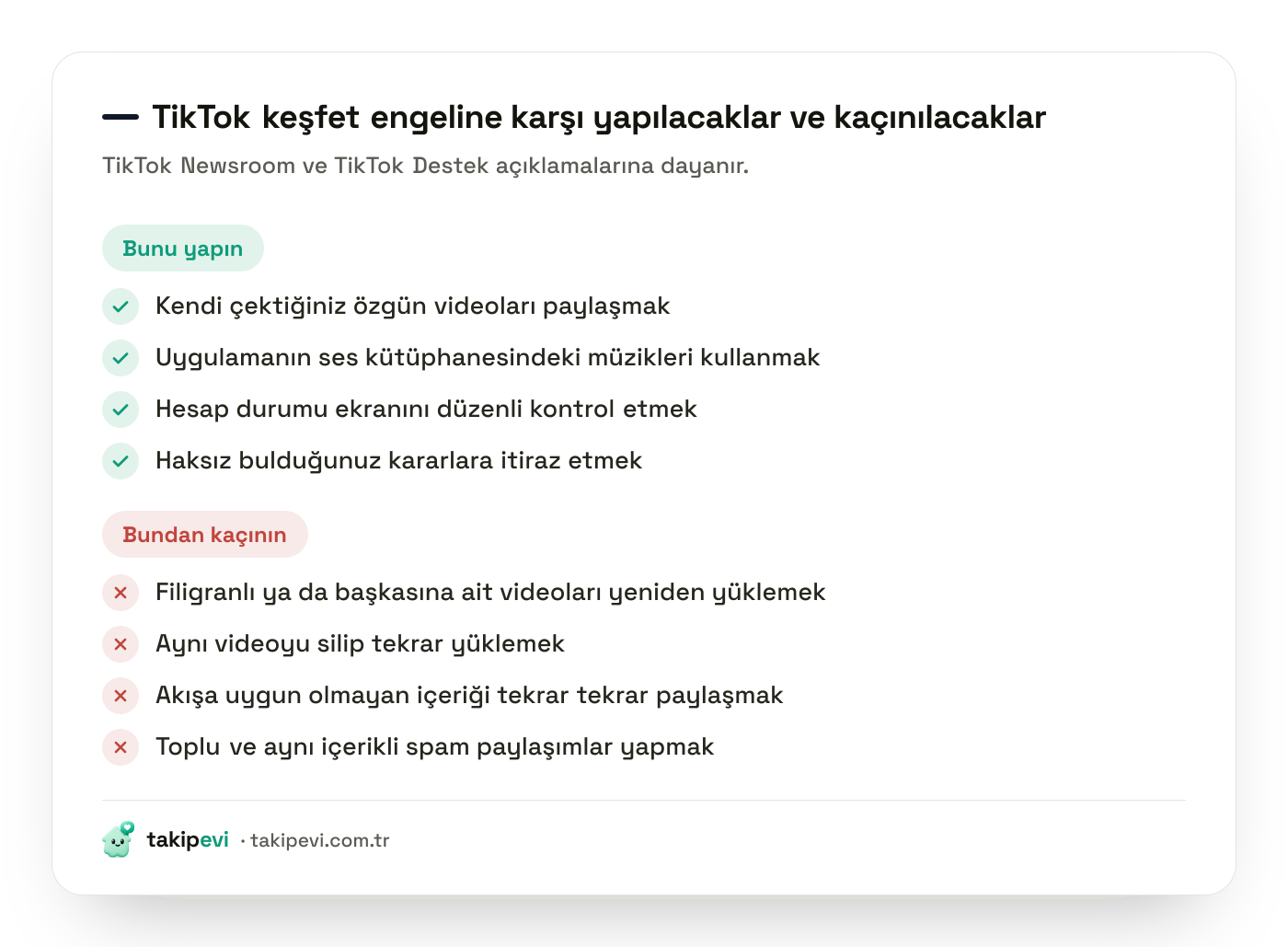 TikTok keşfet engeli riskini azaltan ve artıran davranışları karşılaştıran kontrol listesi