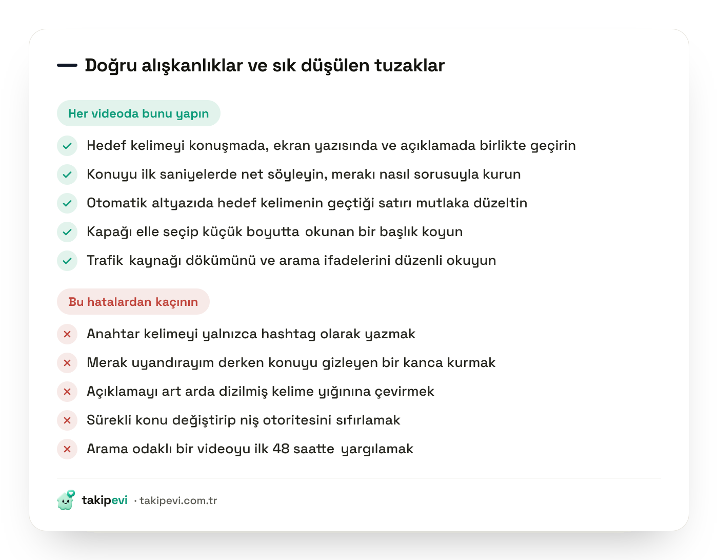 TikTok SEO kontrol listesi: hedef kelimeyi çok katmanda kullanmak ve altyazıyı düzeltmek gibi doğru alışkanlıklar ile sık yapılan hatalar