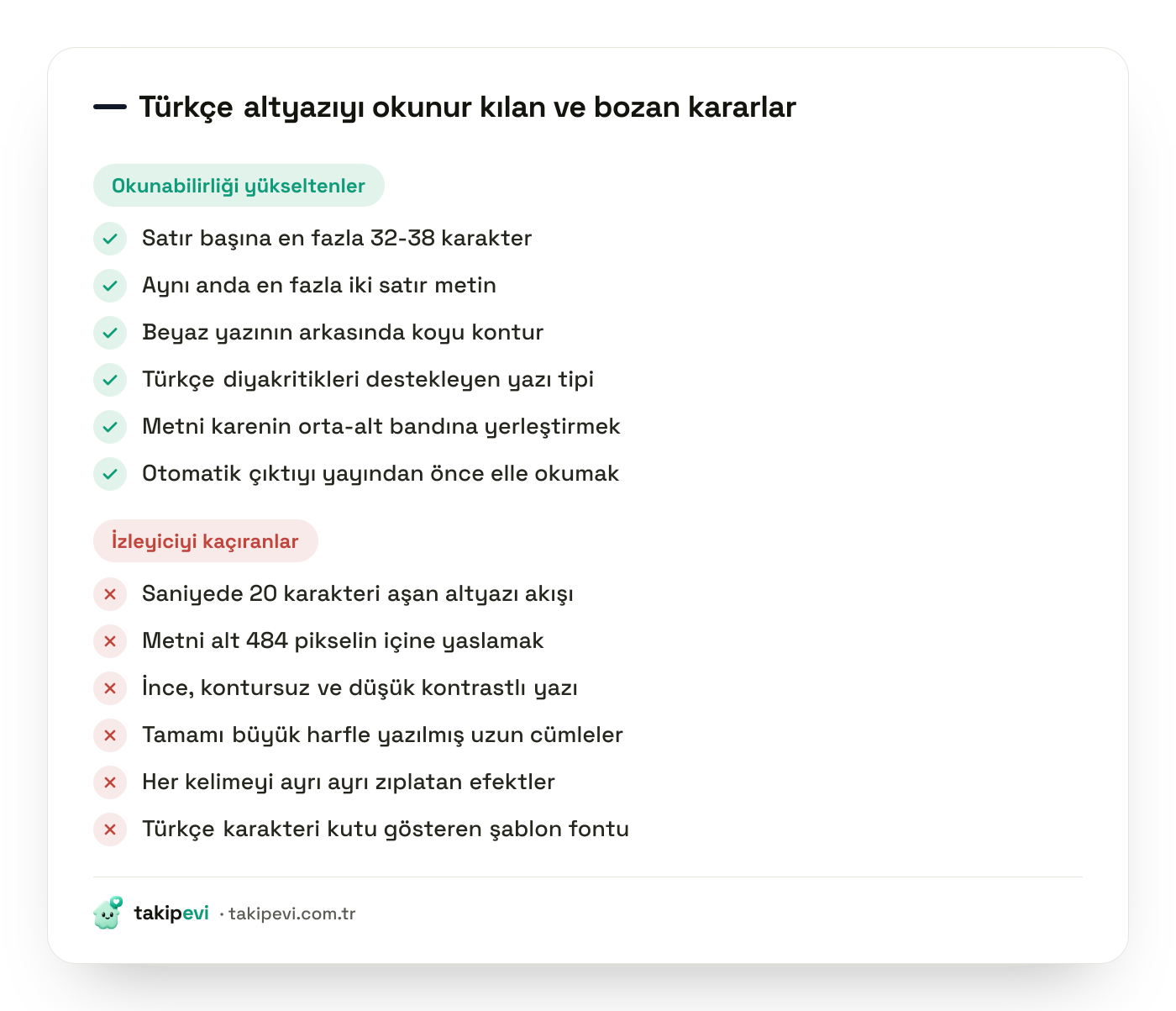 TikTok Türkçe altyazı okunabilirlik kontrol listesi: satır uzunluğu, kontrast, güvenli alan ve diyakritik desteği