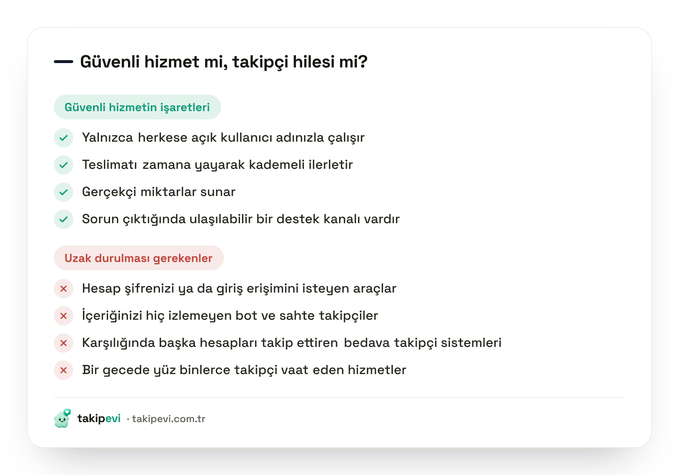 TikTok takipçi hilesi uyarısı: güvenli bir başlangıç hizmetinin ölçütleri ile hesabı riske atan bot ve şifre isteyen araçların karşılaştırması