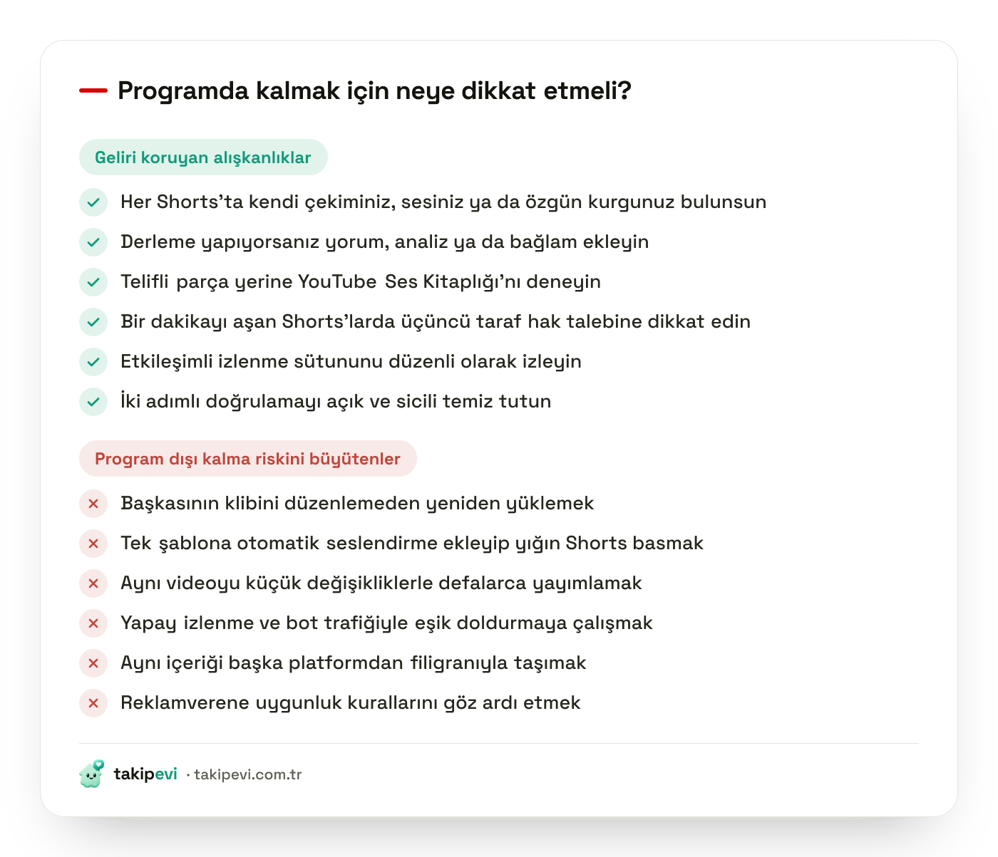 YouTube Shorts monetizasyon kontrol listesi: özgün üretim alışkanlıkları ile kanalı program dışı bırakabilecek davranışların karşılaştırması